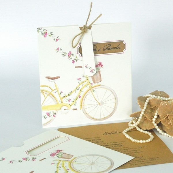 bicycle and flowers wedding invitation